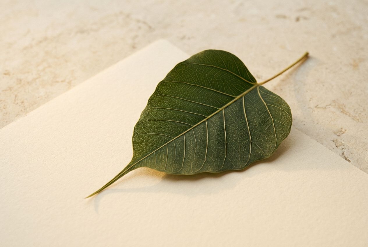 A single heart-shaped bodhi leaf with fine veins, resting on cream paper