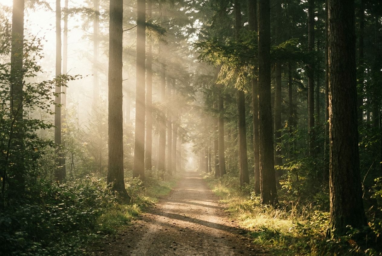 Morning sunlight streaming between tall trees onto a quiet forest path