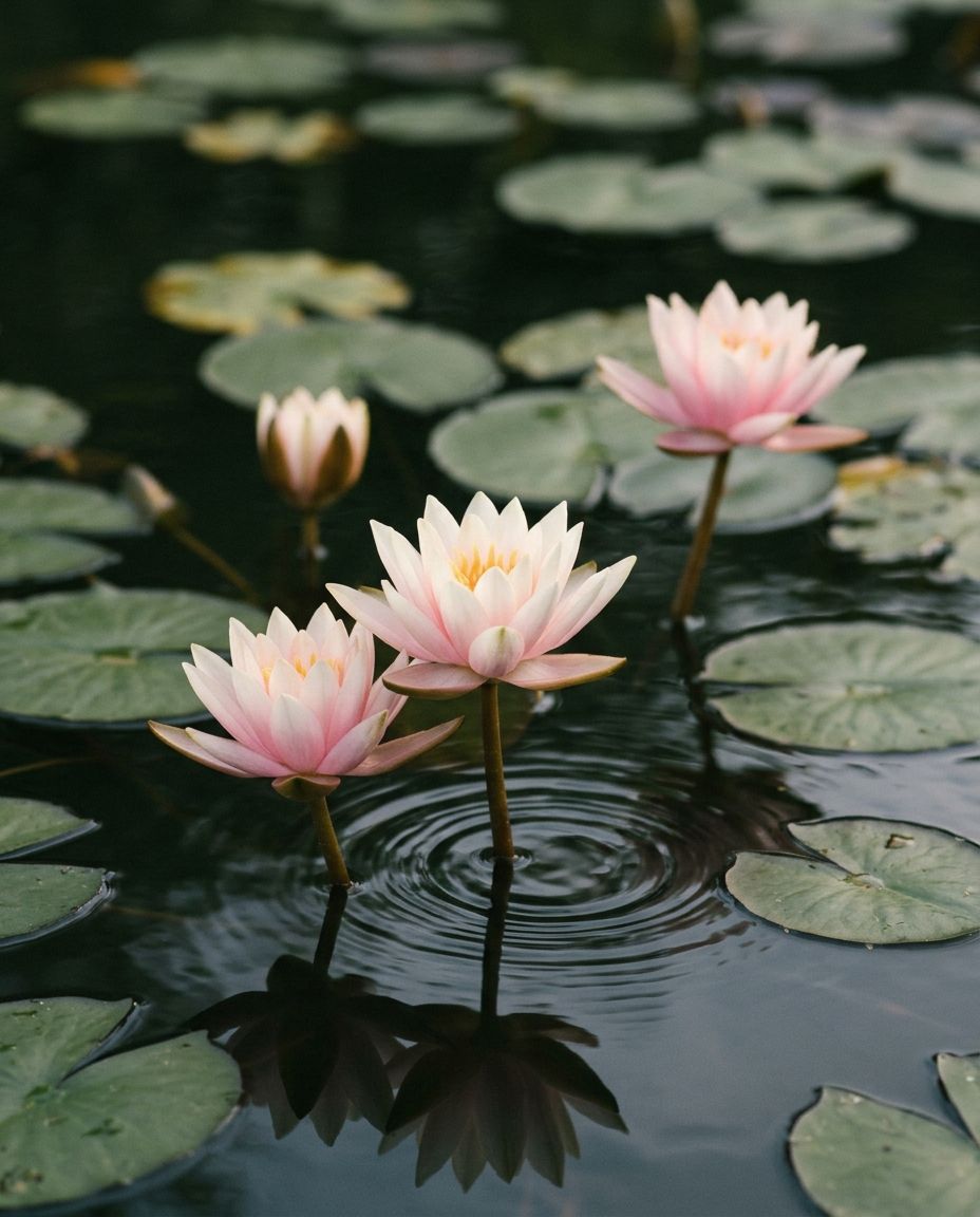 Pink lotus flowers rising above lily pads on still water
