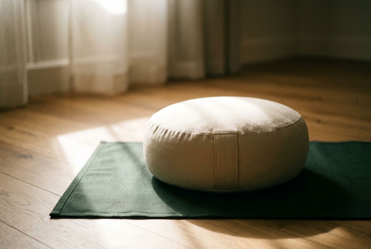 A cream meditation cushion on a green mat in soft window light