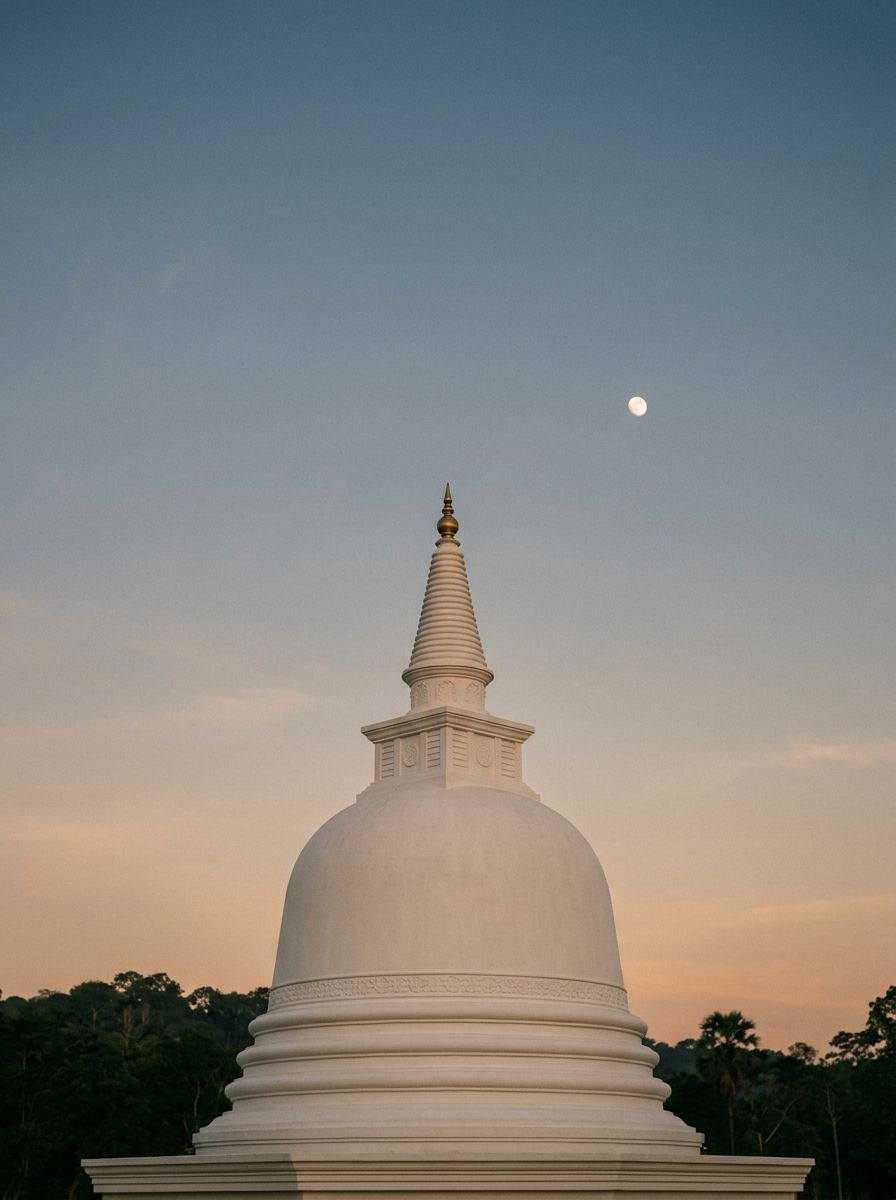 A white stupa against a soft evening sky, with a small moon above