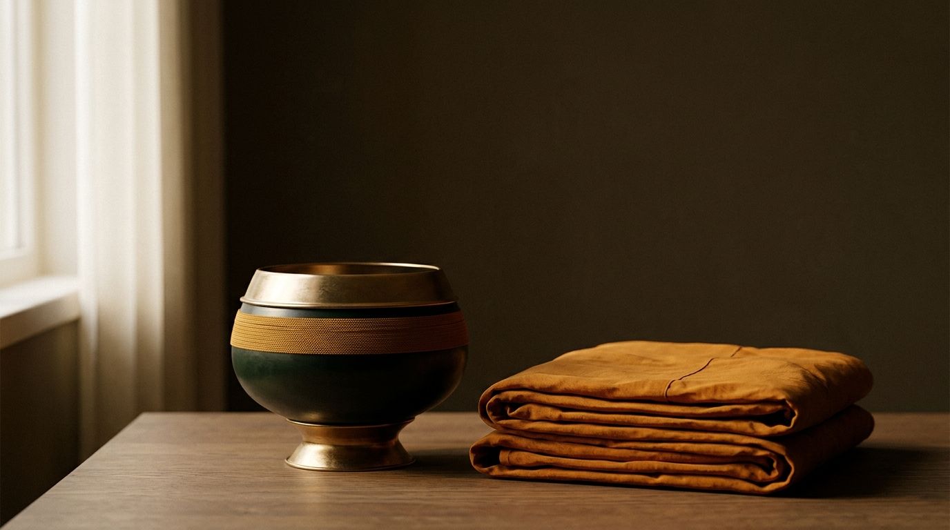 A monk's alms bowl beside neatly folded saffron robes in soft window light