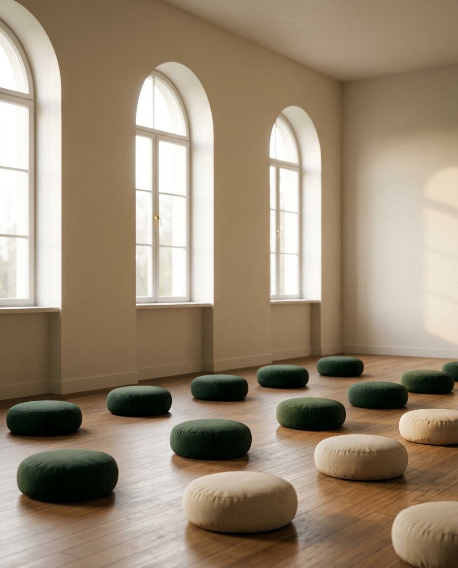 A bright meditation hall with tall arched windows and rows of green and cream cushions on a wooden floor